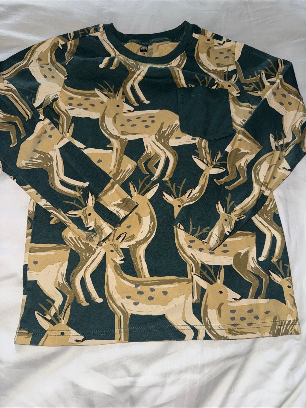 Tea Collection Kids Long Sleeve Deer Print Shirt - Dark Green & Tan Size 10